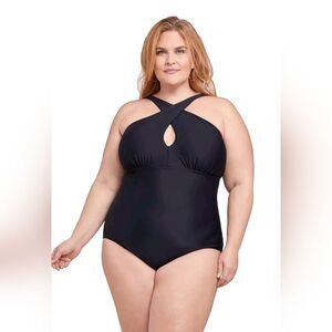 LYSA Size 2X Kylie Keyhole High Neck Swimsuit Open Back Tummy Smoothing 22W/24W